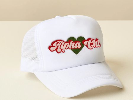 ALPHA CHI OMEGA RETRO HEART TRUCKER HAT For Cheap