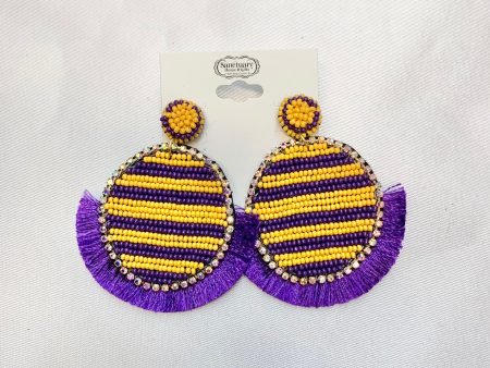 PURPLE & GOLD STRIPE BEAD DISK & TASSLE EARRING Sale