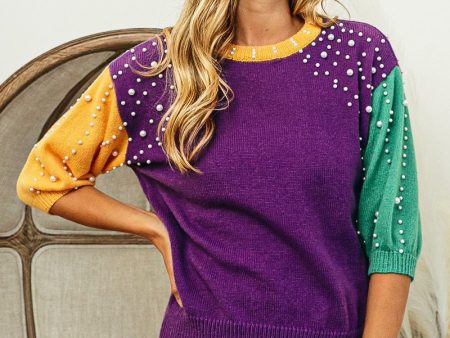 MARDI GRAS SHORT SLEEVE PEARL SWEATER on Sale