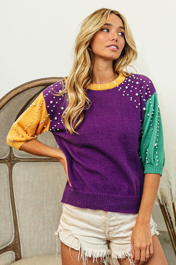 MARDI GRAS SHORT SLEEVE PEARL SWEATER on Sale